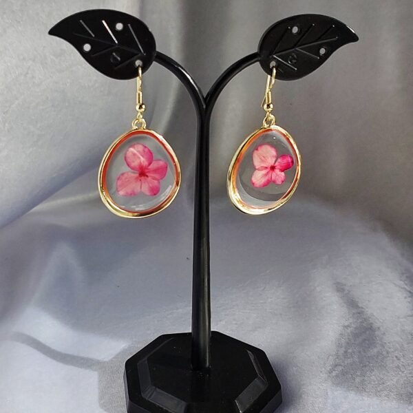 Pink Single Flower Design Clear Resin Hanging Earring